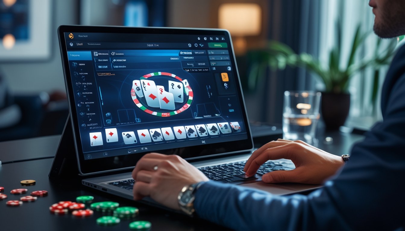 Seseorang sedang bermain permainan baccarat online di komputer dengan kartu dan chip di layar, di ruangan dengan pencahayaan lembut.