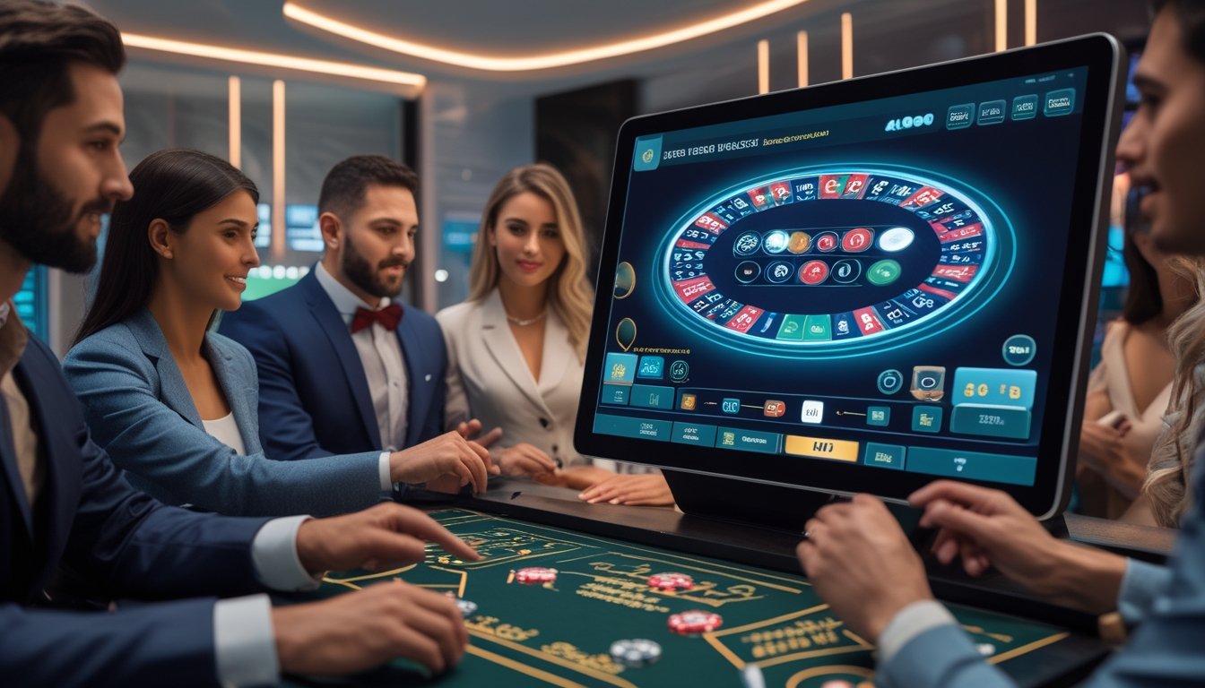 Seorang pemain menggunakan komputer dengan tampilan permainan Speed Baccarat online, dikelilingi oleh suasana kasino modern dan teknologi digital.