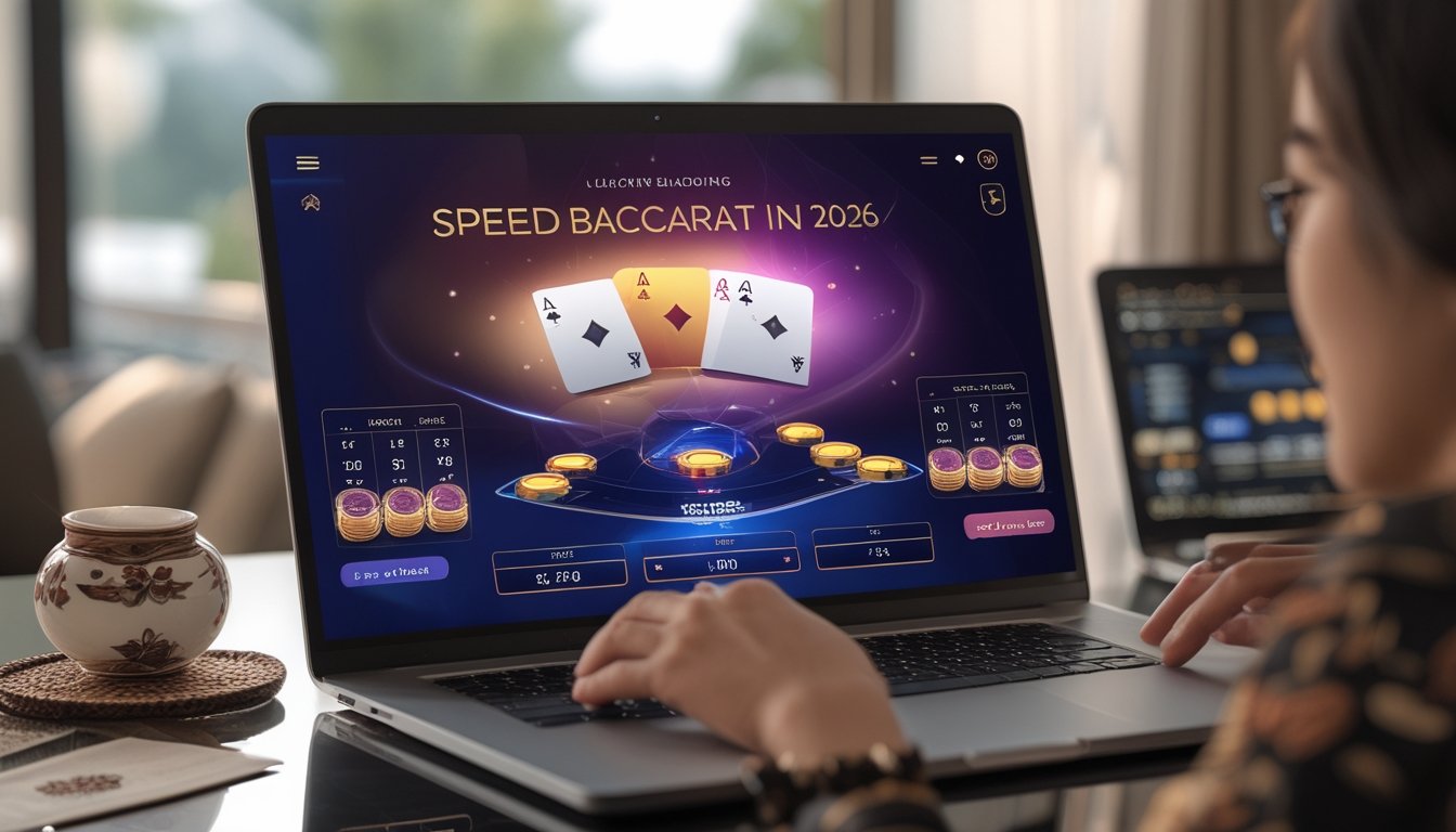 Seseorang sedang bermain permainan Speed Baccarat online di laptop dengan suasana kerja modern dan dekorasi kecil bergaya Indonesia di meja.