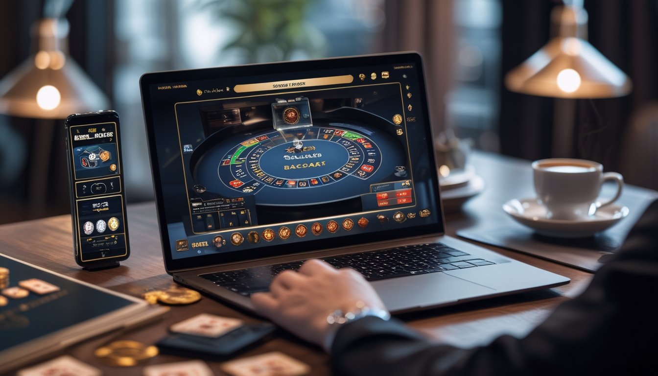 Seorang pengguna sedang bermain Speed Baccarat online di laptop dengan suasana ruang kerja modern dan pencahayaan lembut.