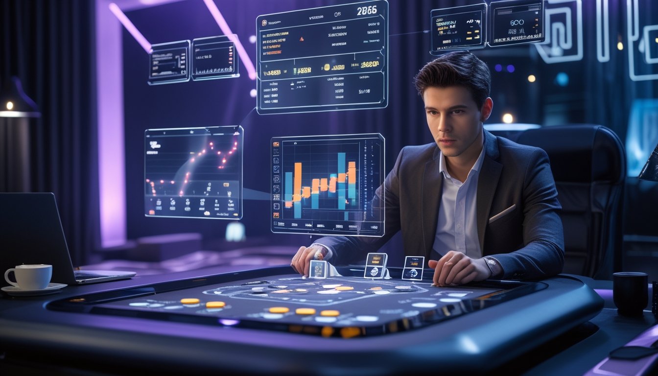 Seorang dewasa muda sedang menganalisis data taruhan di meja permainan baccarat online dengan layar digital mengambang di ruangan berlampu biru dan ungu.