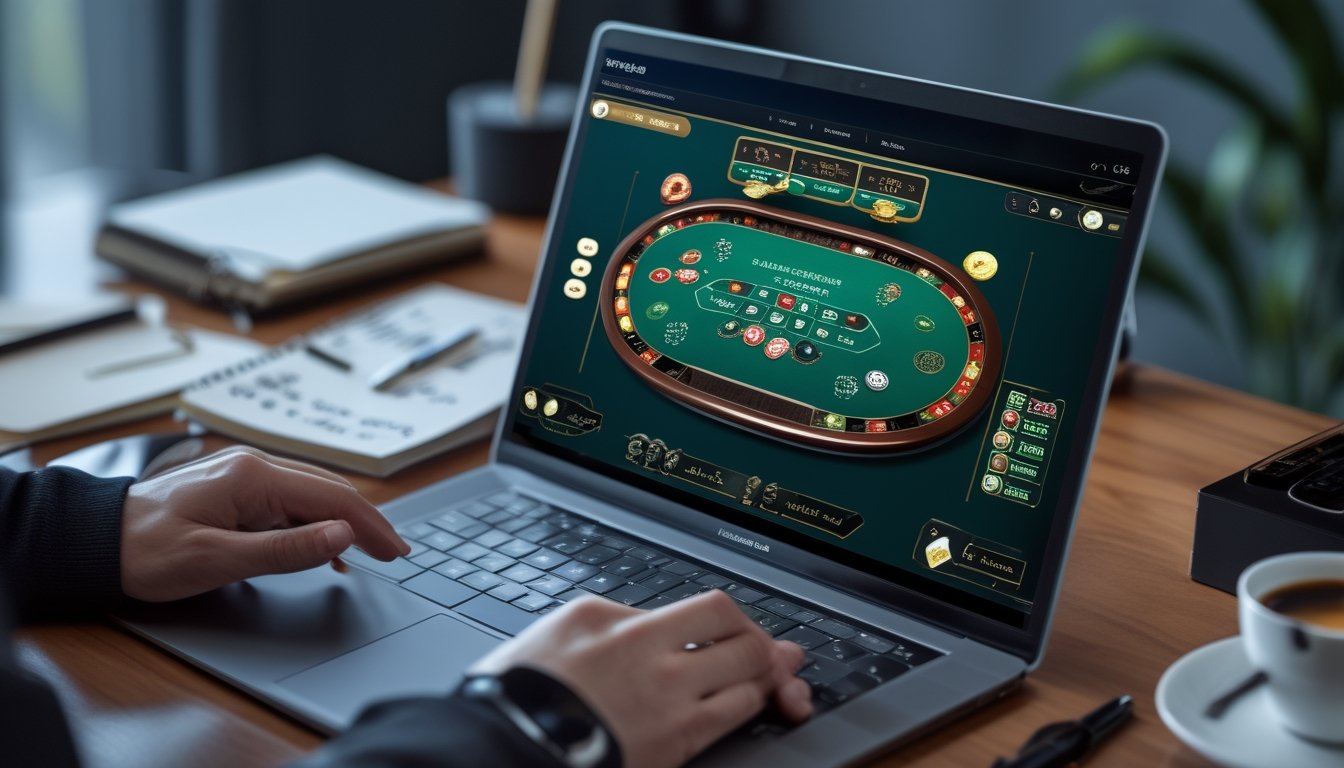 Seorang pemain sedang menggunakan laptop dengan tampilan permainan Speed Baccarat online, dikelilingi oleh buku catatan dan alat tulis di meja.
