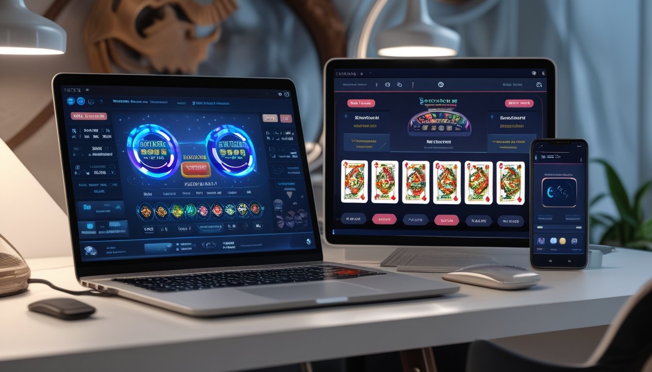 Seorang pemain sedang menggunakan laptop dan ponsel untuk bermain permainan Baccarat online dengan dua jenis tampilan permainan yang berbeda di layar.