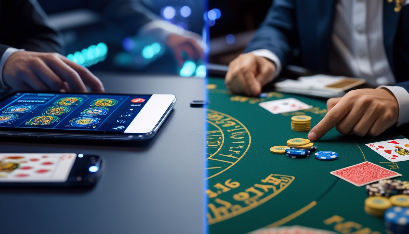 Gambar perbandingan antara permainan baccarat online modern dengan permainan baccarat klasik di kasino, menampilkan meja hijau, kartu, chip, dan perangkat digital.