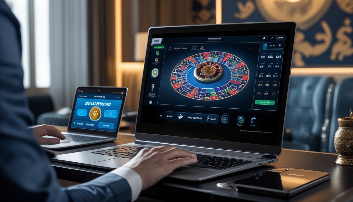 Seorang pemain sedang menggunakan komputer dengan permainan baccarat online dealer langsung di layar, di ruangan dengan dekorasi Indonesia.