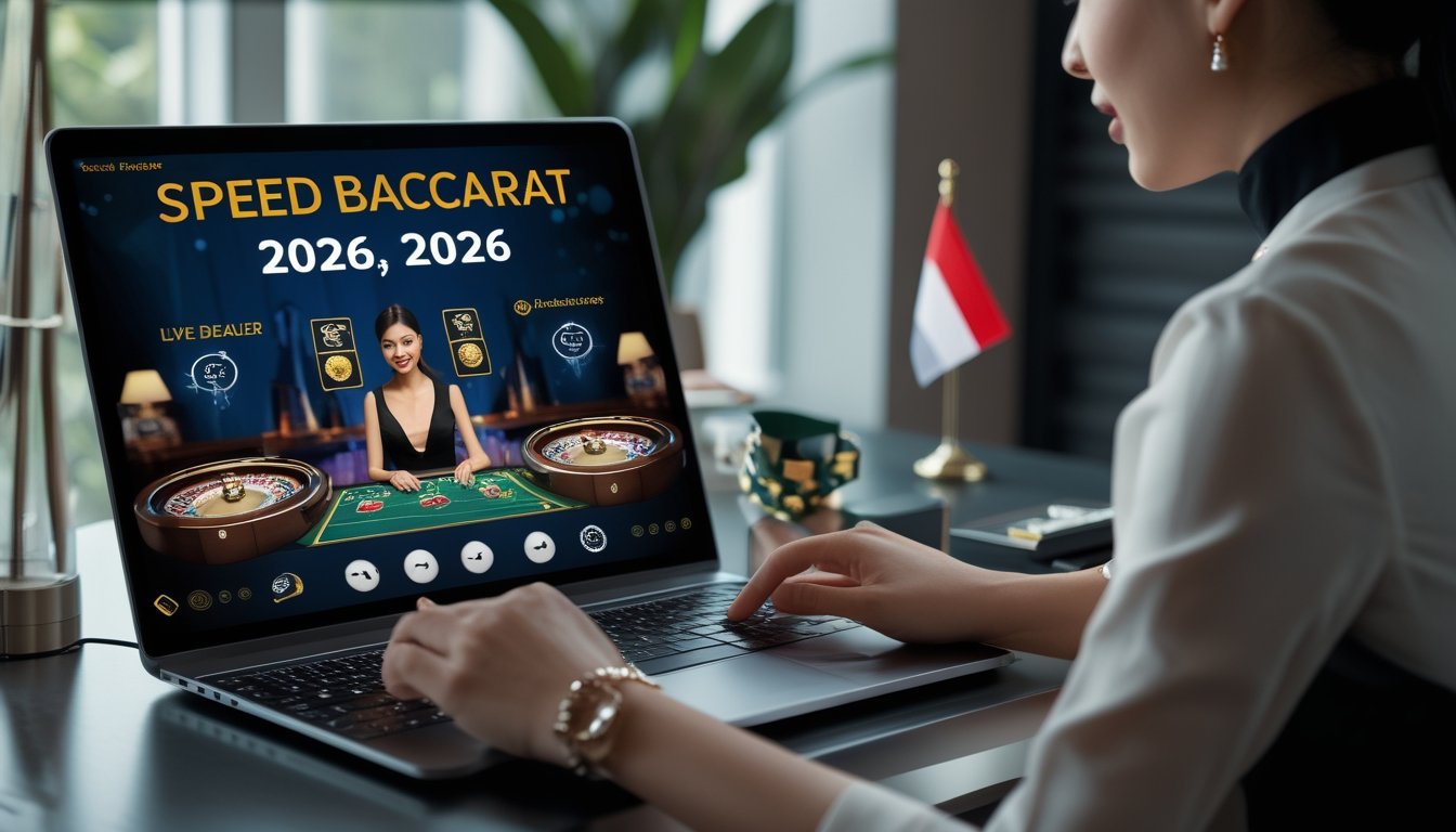 Seorang dealer wanita di depan layar komputer yang menampilkan permainan Speed Baccarat online dengan latar belakang elemen budaya Indonesia.
