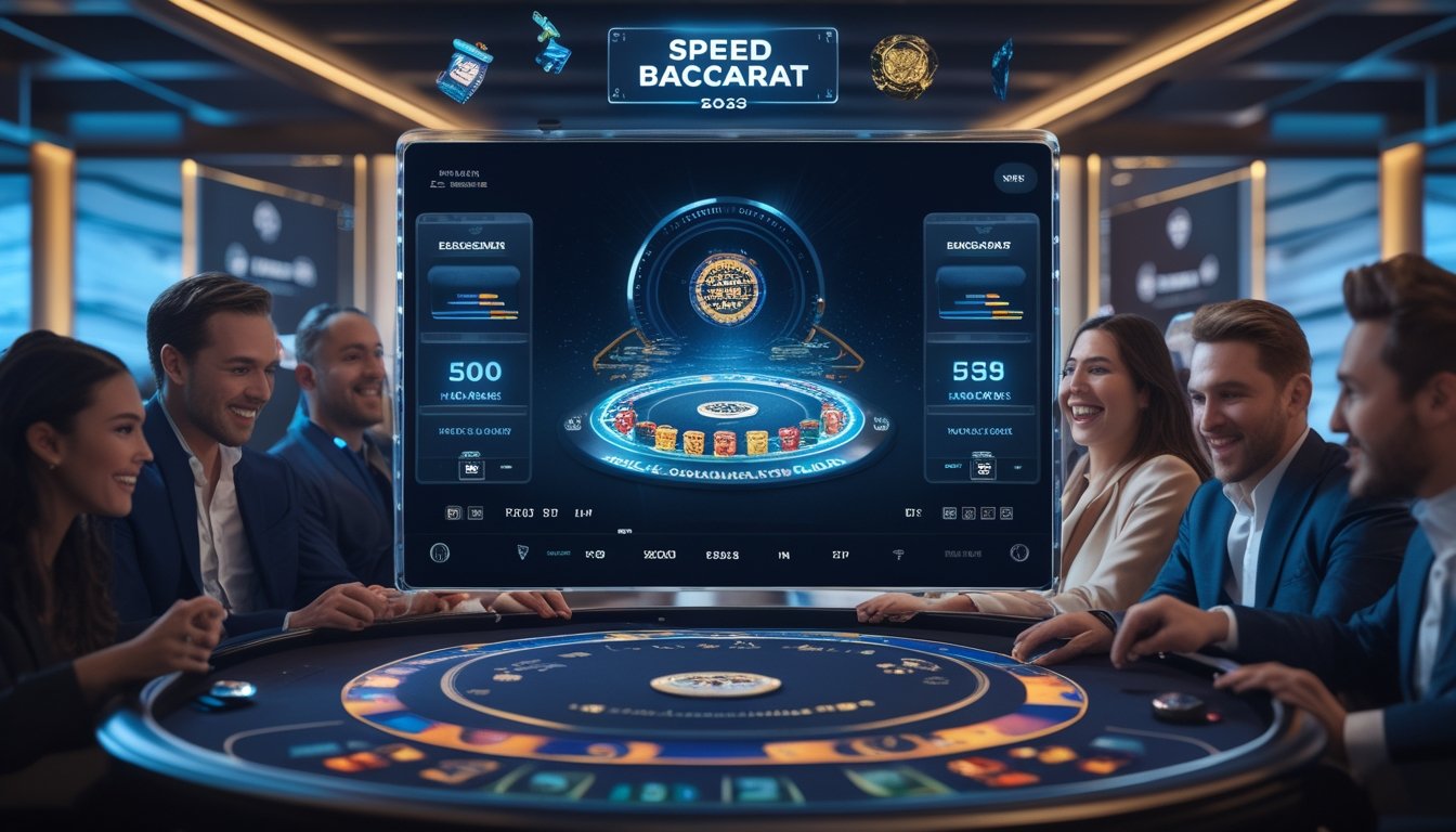 Orang-orang bermain permainan Speed Baccarat online di ruang modern dengan layar digital besar dan grafik tren di latar belakang.