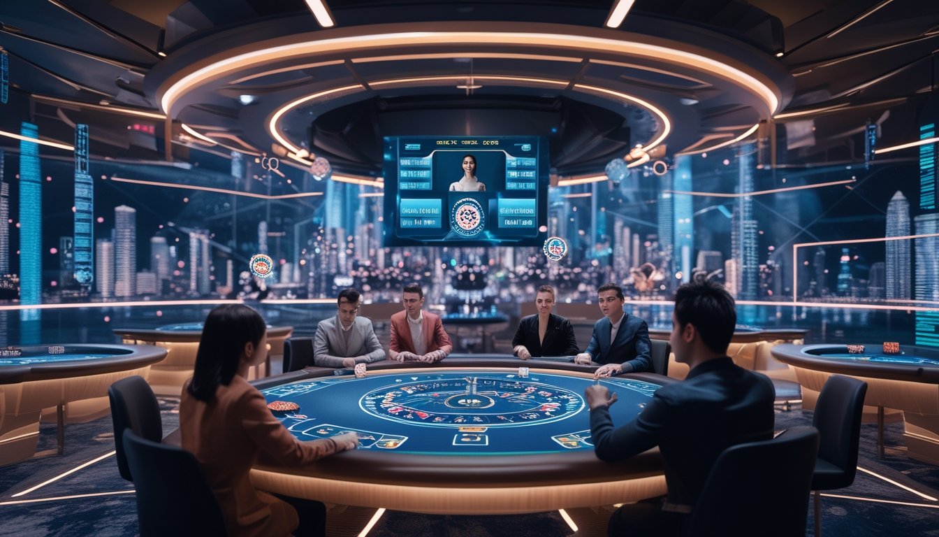 Orang-orang bermain baccarat online di meja digital futuristik dengan tampilan holografik dan suasana turnamen yang ramai.