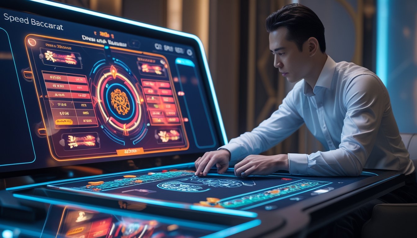 Seorang pemain serius menggunakan meja sentuh digital untuk bermain baccarat online dengan pola taruhan naga dan harimau.