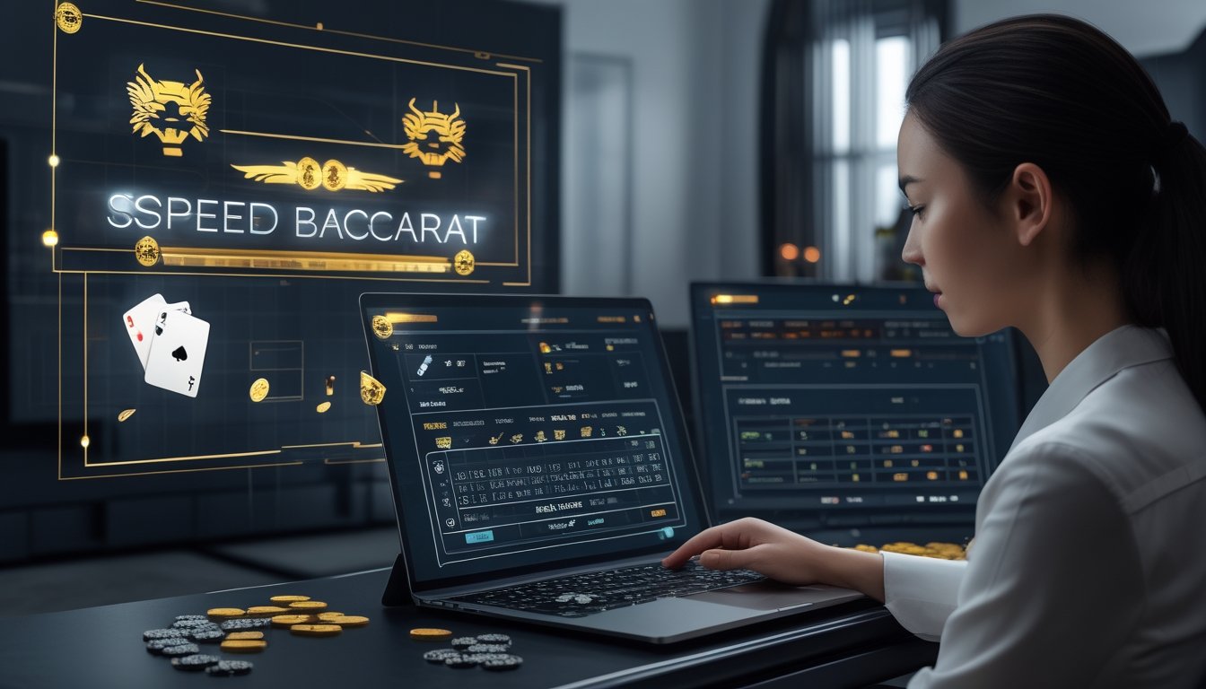 Seorang pemain serius sedang menganalisis permainan baccarat online di depan komputer dengan tampilan kartu dan chip di layar.