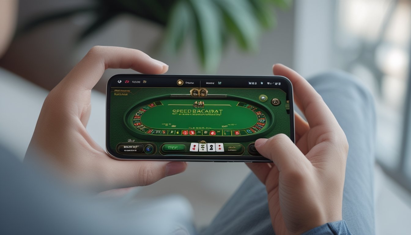Seseorang memegang ponsel yang menampilkan permainan Speed Baccarat online dengan grafis yang halus.