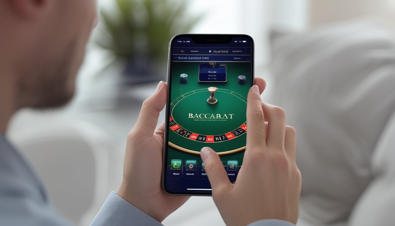 Seseorang menggunakan ponsel pintar untuk bermain permainan baccarat online dengan tampilan grafis yang jelas dan halus.