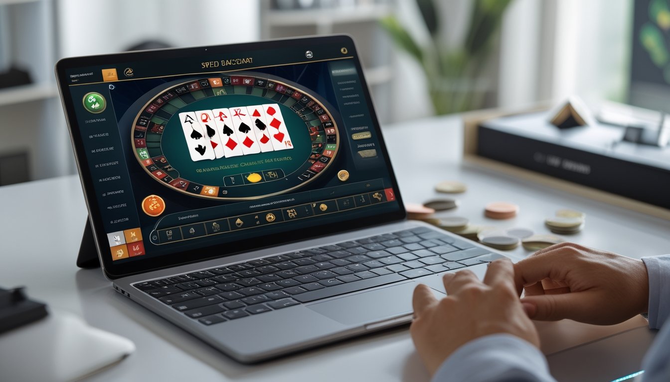 Seorang pemain dewasa fokus bermain baccarat online di laptop di sebuah ruangan modern dengan suasana tenang dan profesional.