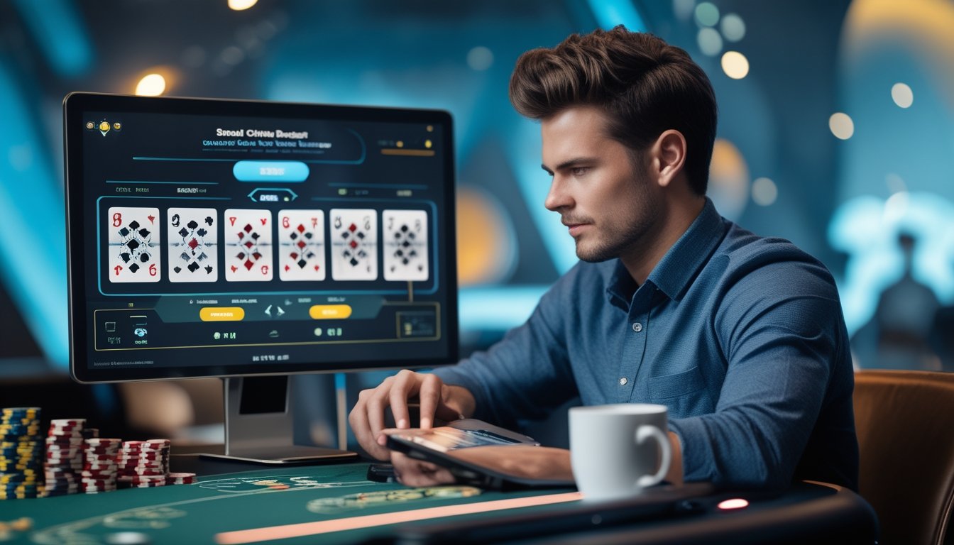 Seorang pria muda fokus bermain permainan baccarat online di meja permainan dengan layar digital di depannya.