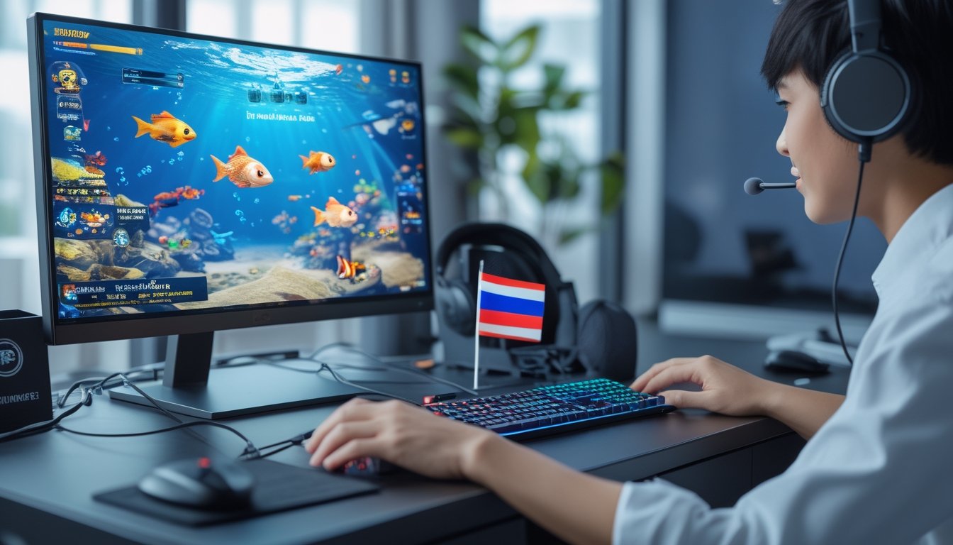 Sebuah meja kerja modern dengan komputer menampilkan permainan menembak ikan di layar, dengan dekorasi kecil bendera Thailand di meja.