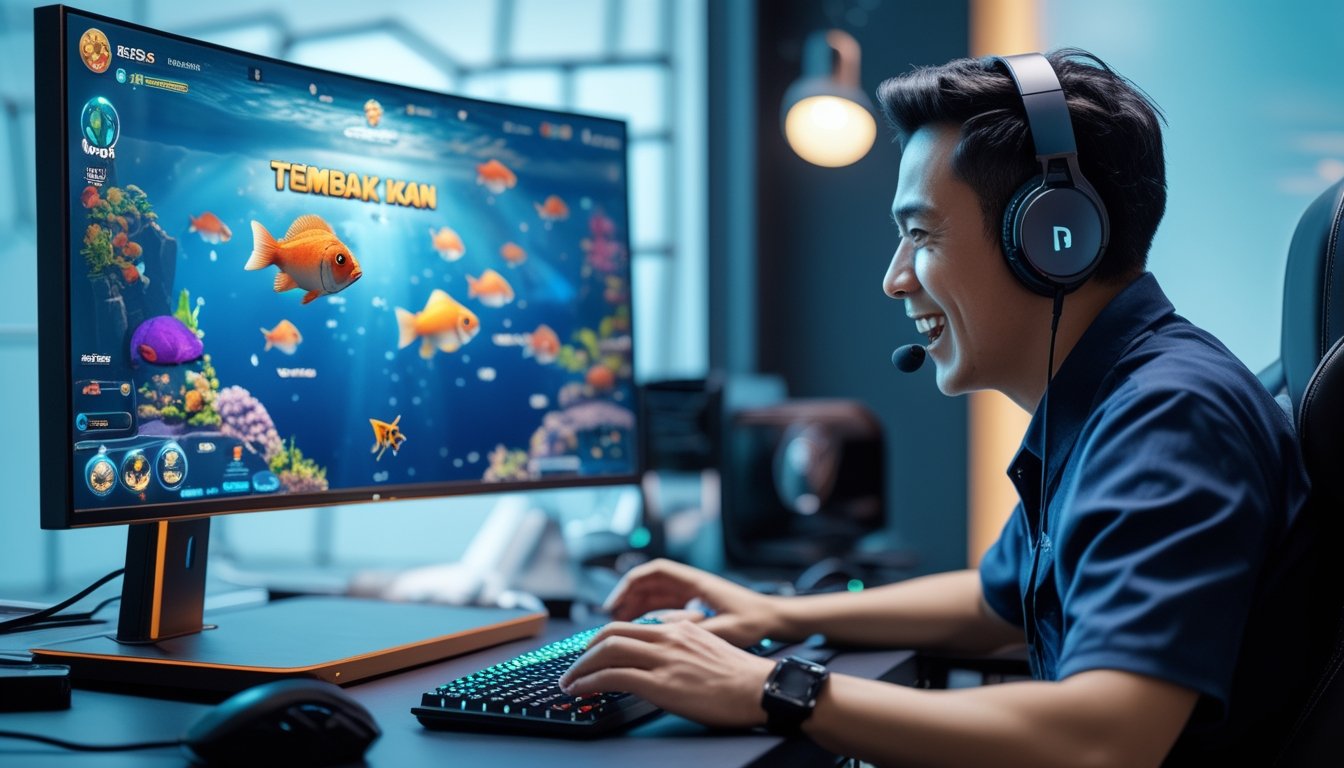 Seorang pemain dewasa sedang bermain game tembak ikan online dengan layar komputer yang menampilkan ikan warna-warni di lingkungan kerja modern.