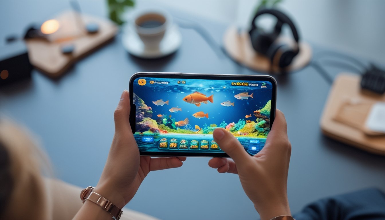 Seseorang memegang perangkat dengan permainan menembak ikan online yang berwarna-warni di layar.