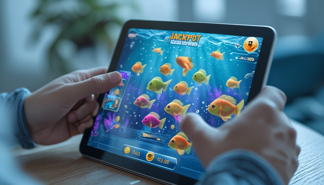 Seseorang sedang bermain permainan tembak ikan online di tablet dengan ikan warna-warni di layar dan suasana ruangan yang nyaman.