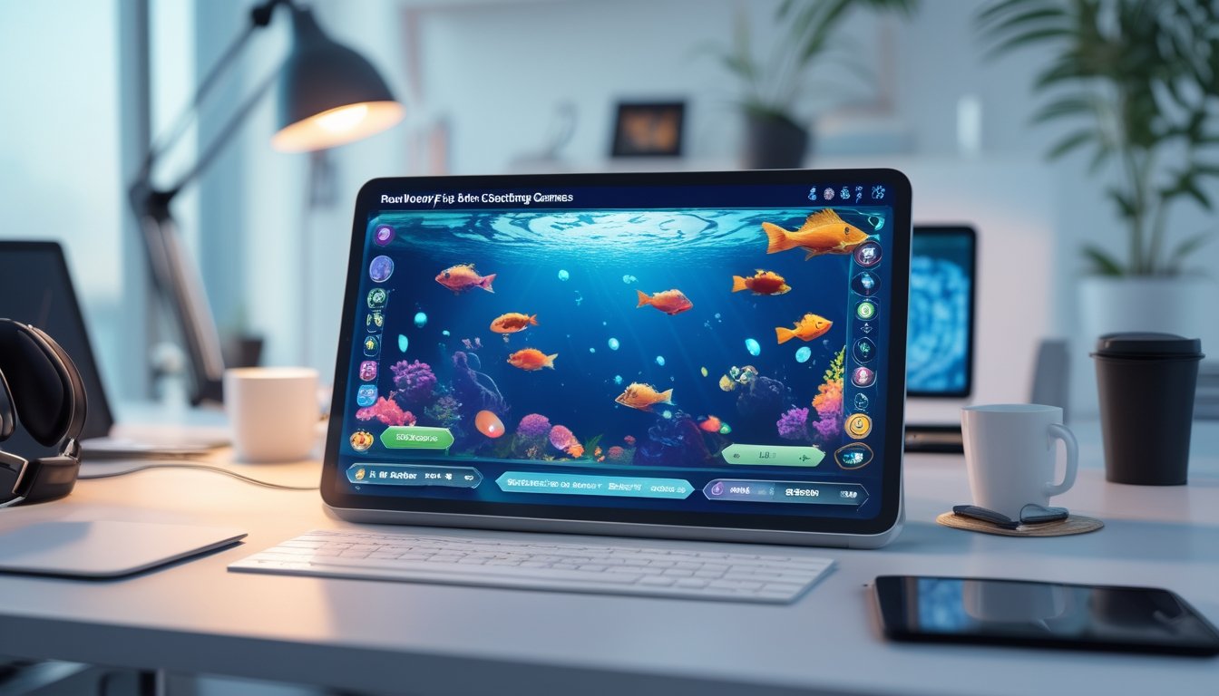 Layar komputer menampilkan permainan tembak ikan dengan grafis bawah laut berwarna-warni di meja kerja yang rapi dan terang.