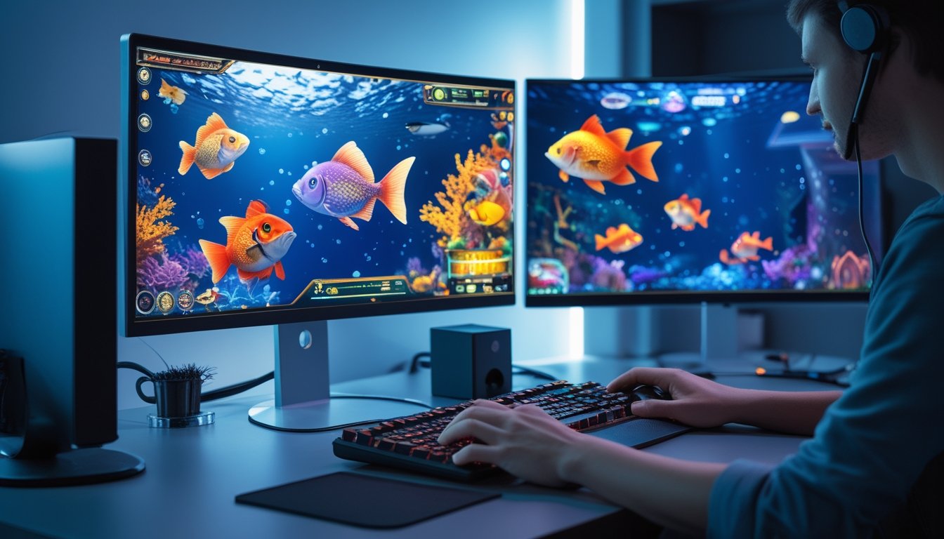 Seseorang bermain game tembak ikan online dengan komputer di ruang kerja yang terang dan rapi.