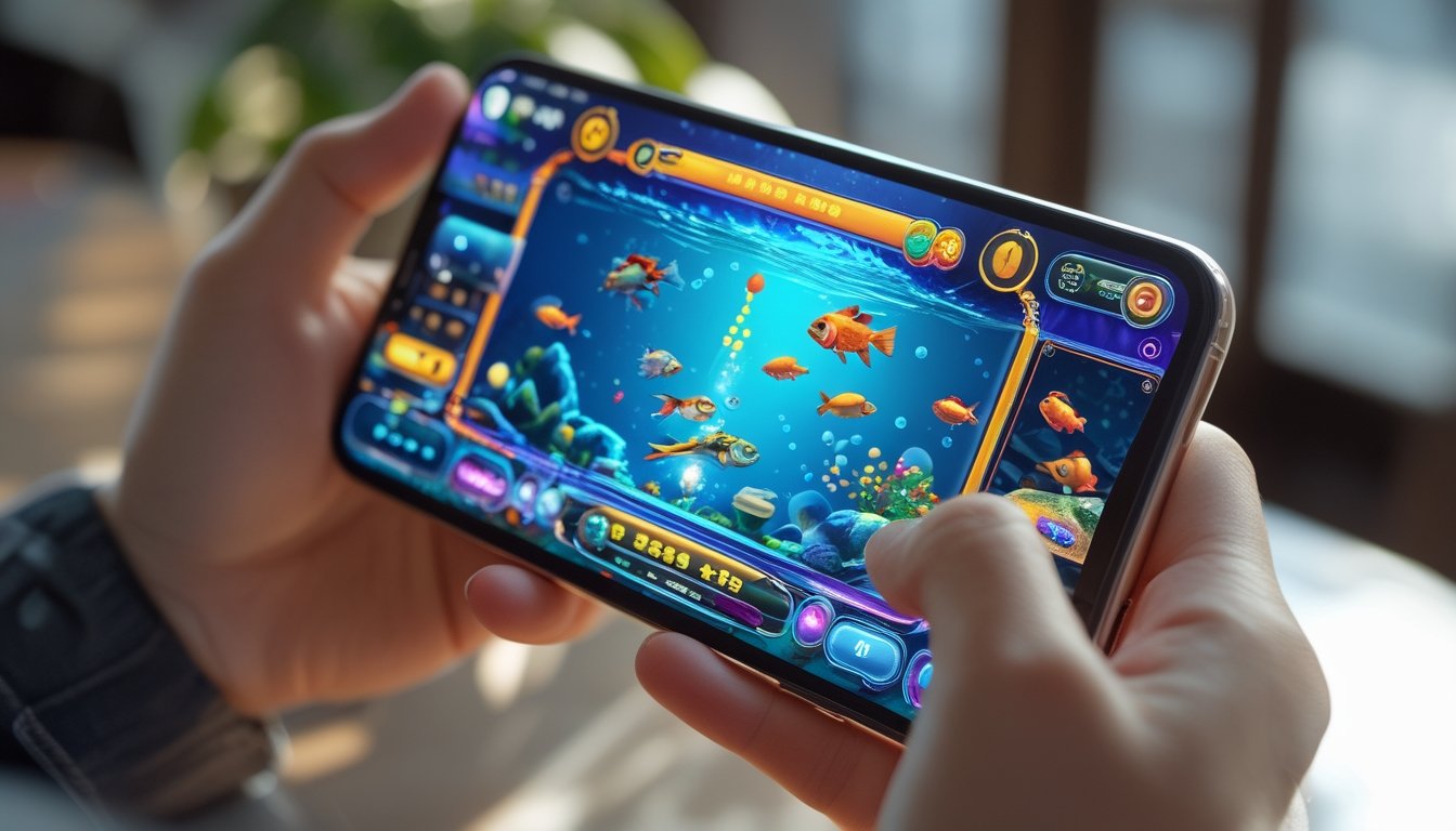 Seseorang memegang ponsel yang menampilkan permainan tembak ikan online dengan latar bawah laut berwarna-warni.