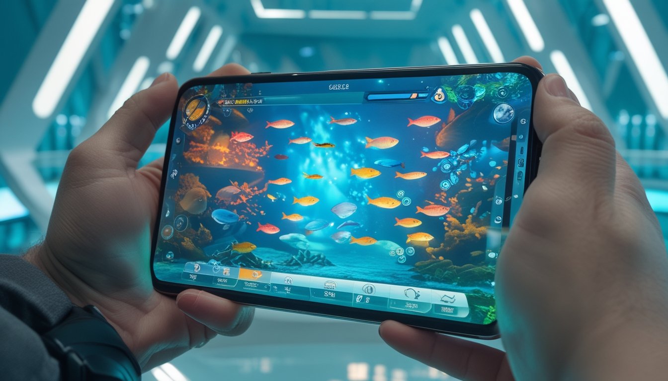 Seseorang memegang smartphone yang menampilkan permainan tembak ikan dengan ikan berwarna-warni di layar.