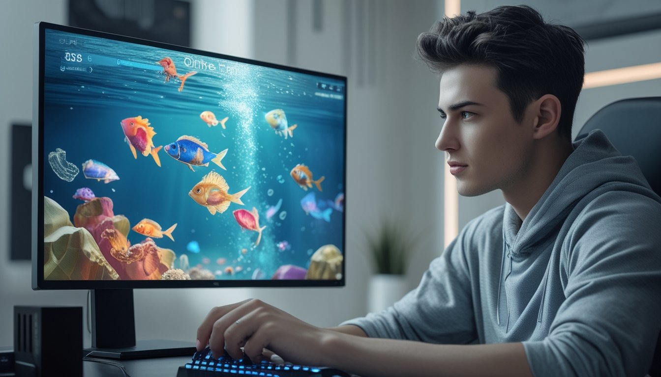 Seseorang sedang bermain game tembak ikan online di komputer dengan latar ruangan gaming modern.