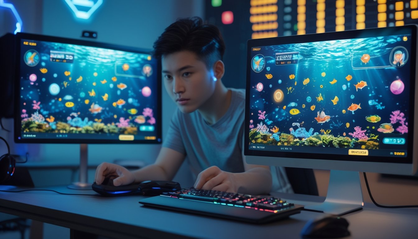 Seorang pemain muda fokus bermain permainan tembak ikan online dengan layar komputer menampilkan ikan berwarna-warni dan grafik bawah laut.