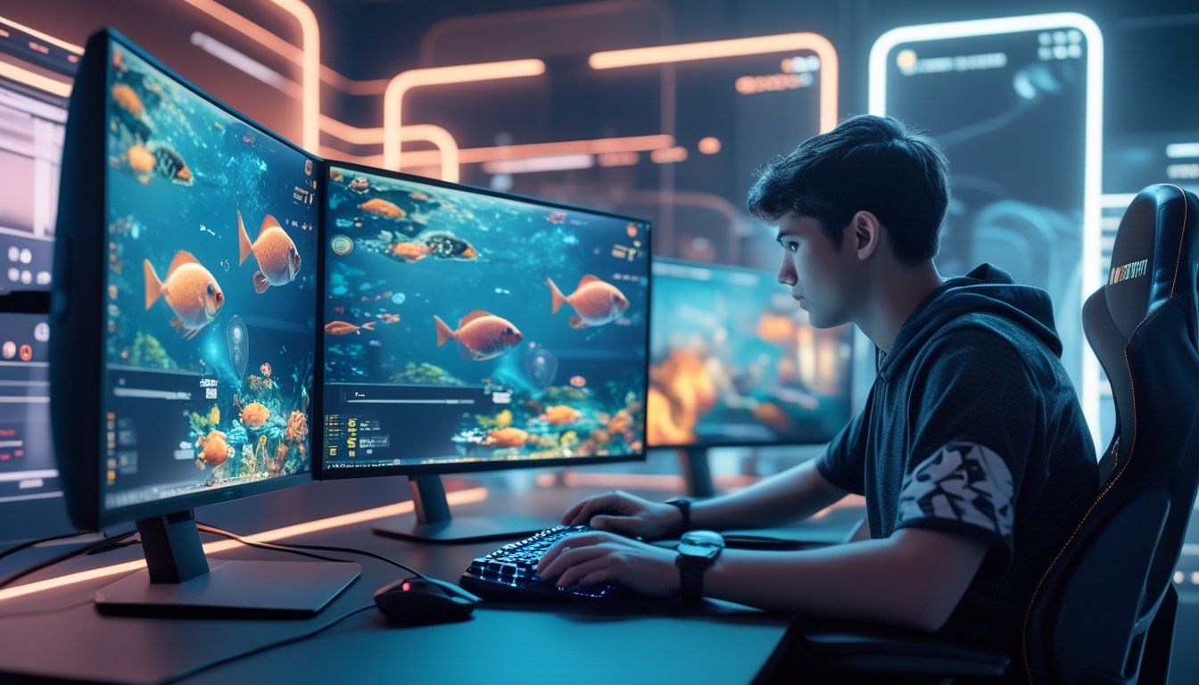 Seorang pemain muda sedang bermain game tembak ikan online dengan komputer modern dan layar menampilkan pemandangan bawah laut penuh ikan berwarna-warni.