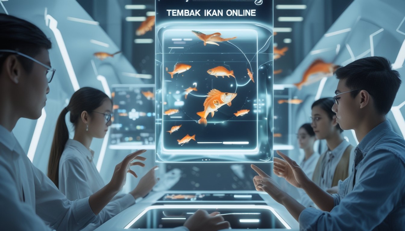 Orang-orang muda sedang bermain game tembak ikan online dengan layar digital futuristik yang menampilkan ikan-ikan berwarna cerah di ruang kontrol modern.