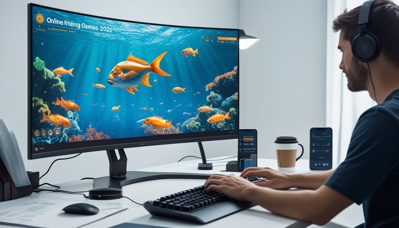Seseorang menggunakan komputer dengan layar menampilkan permainan ikan online berwarna-warni di meja kerja modern.