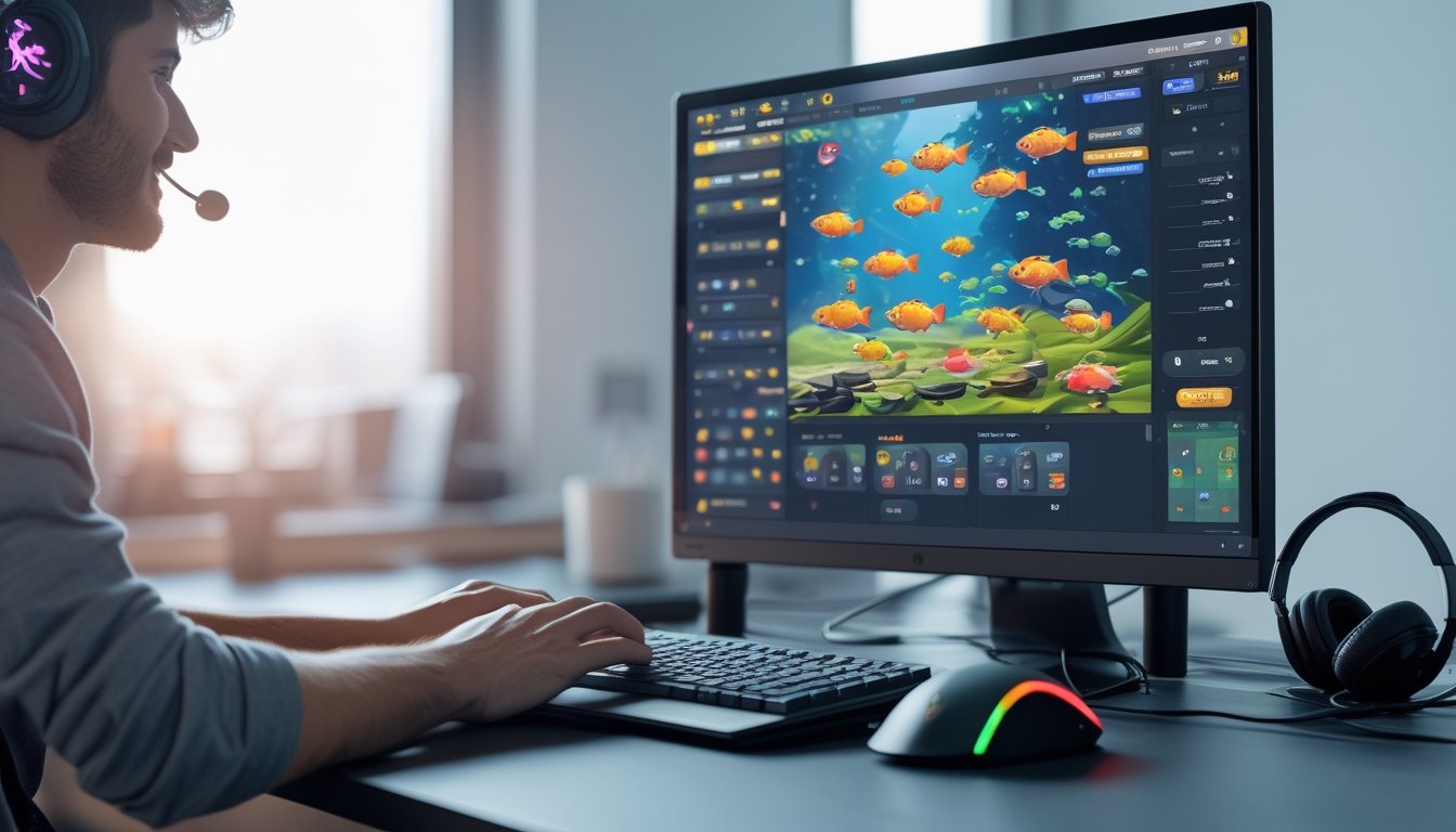 Seorang pemain fokus menggunakan komputer dengan permainan tembak ikan online yang berwarna-warni di layar, di ruang kerja yang rapi dan terang.