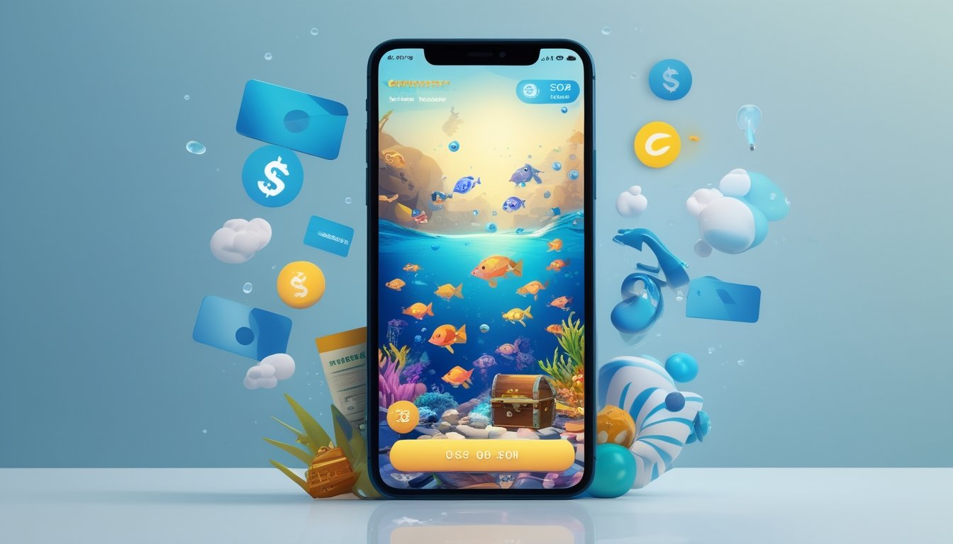 Seorang pengguna memegang ponsel yang menampilkan permainan memancing ikan dengan latar belakang warna biru dan ikon pembayaran digital di sekitarnya.