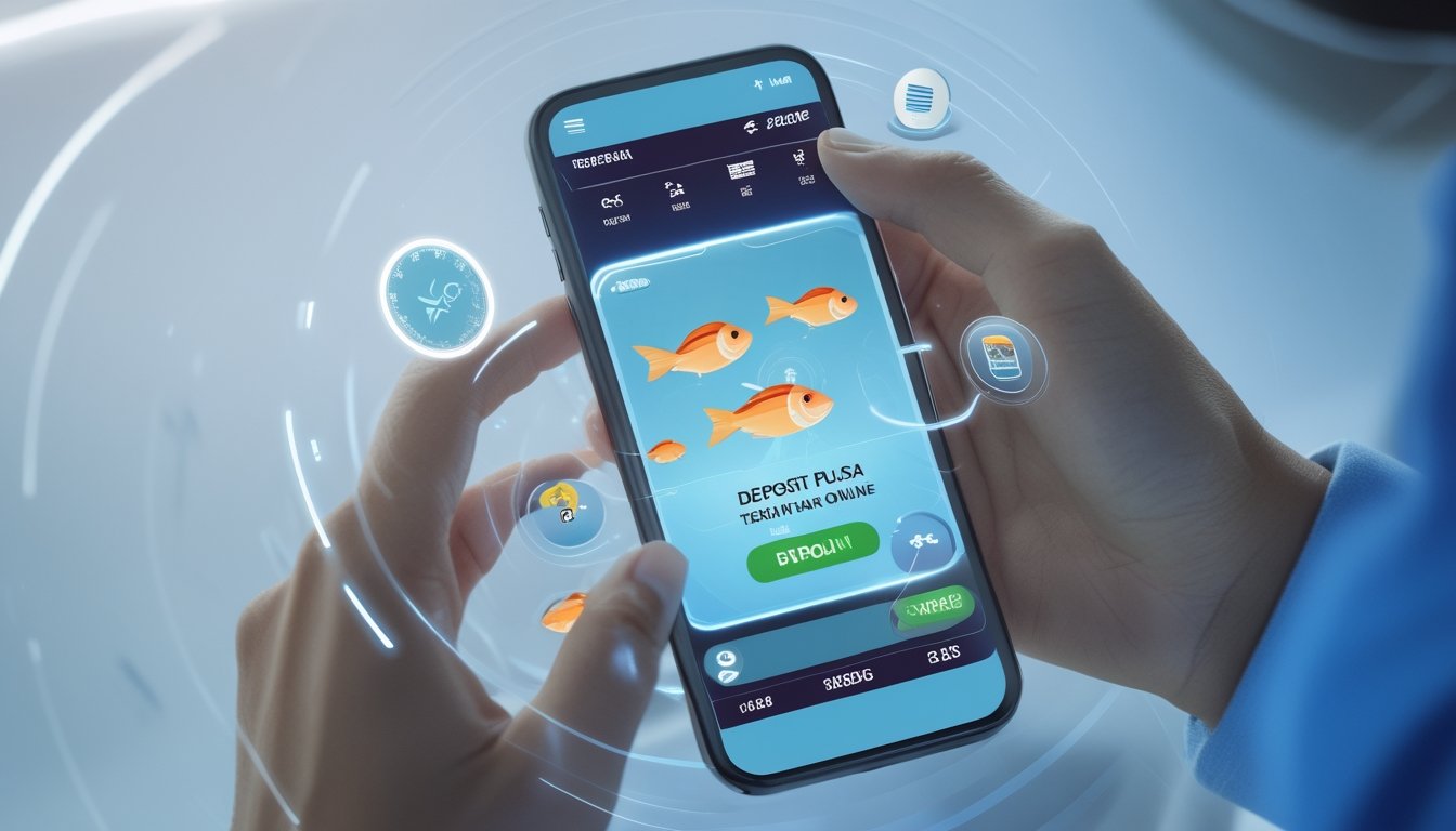 Tangan seseorang memegang ponsel dengan tampilan antarmuka transaksi digital untuk deposit pulsa pada permainan tembak ikan online.