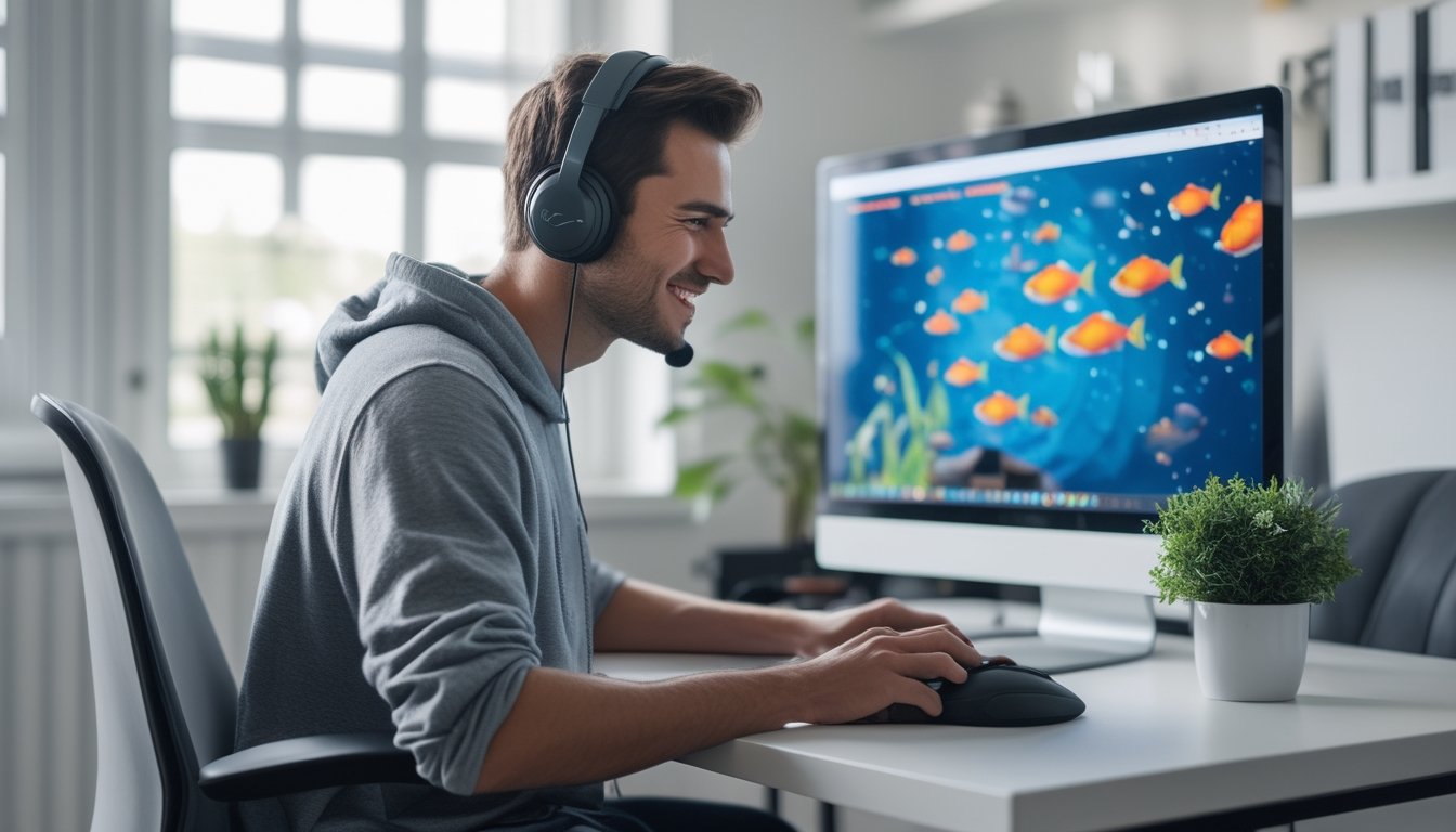 Seorang pria muda sedang bermain game tembak ikan online di komputer di ruang kerja rumah yang rapi dan terang.