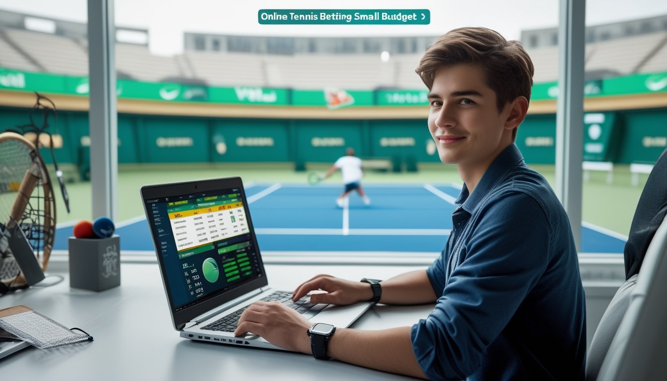 Seorang pria muda duduk di depan laptop sambil melihat statistik pertandingan tenis dengan latar belakang stadion tenis Grand Slam.
