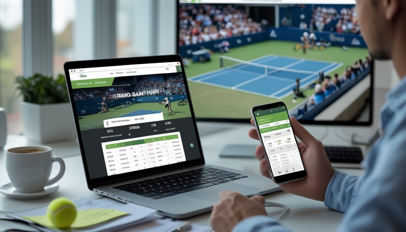 Seorang pria menggunakan laptop dan ponsel untuk memasang taruhan tenis online dengan pertandingan tenis Grand Slam yang sedang berlangsung di layar besar di belakangnya.