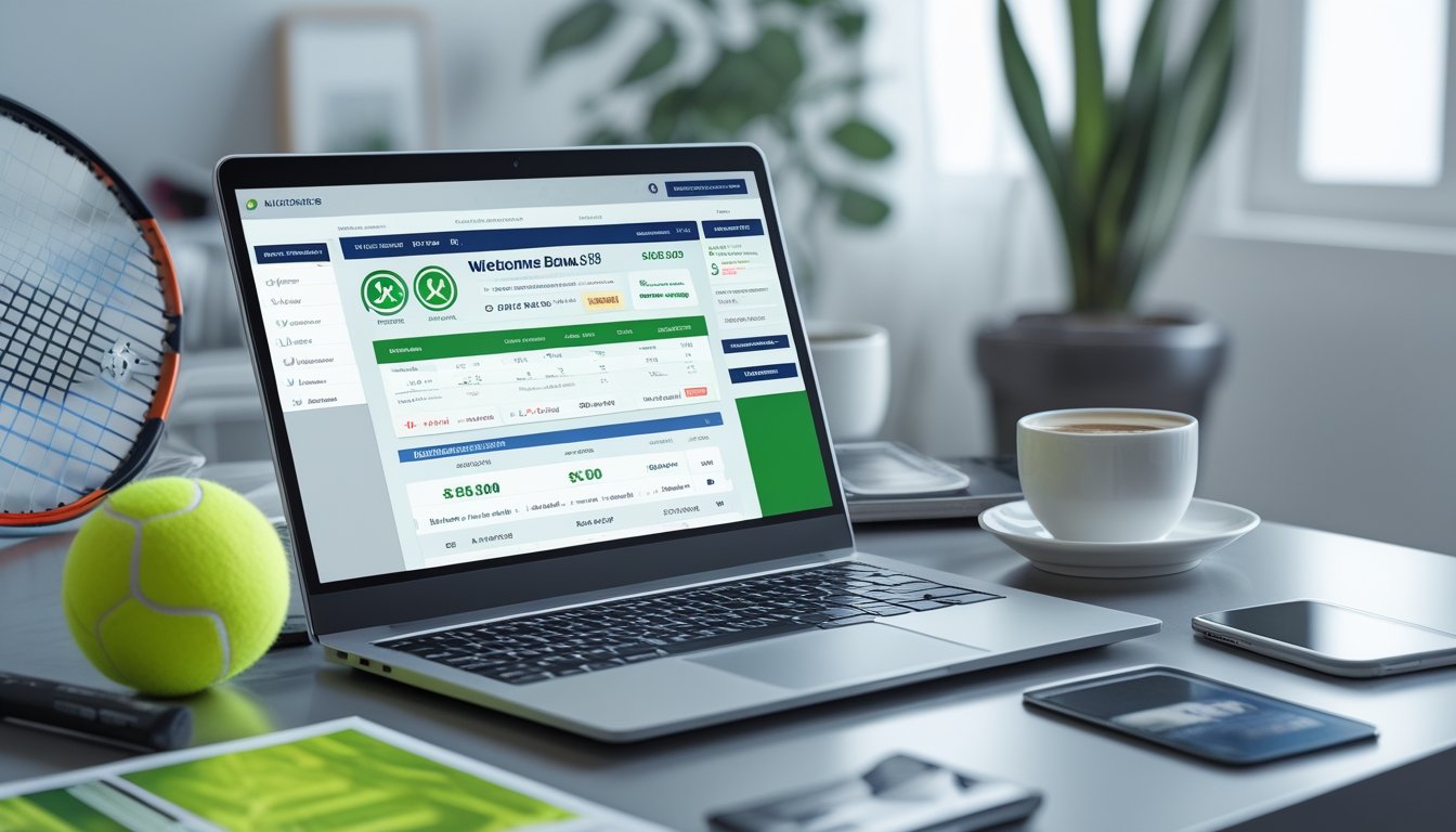 Seorang pengguna di depan laptop dengan situs taruhan tenis online terbuka, dikelilingi bola tenis dan raket di meja kerja yang rapi.