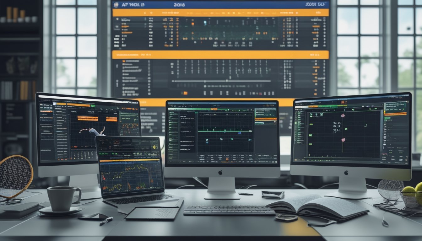 Seorang analis olahraga sedang bekerja di meja dengan beberapa monitor yang menampilkan statistik tenis dan grafik taruhan, dengan suasana kerja yang teratur dan perlengkapan tenis di latar belakang.