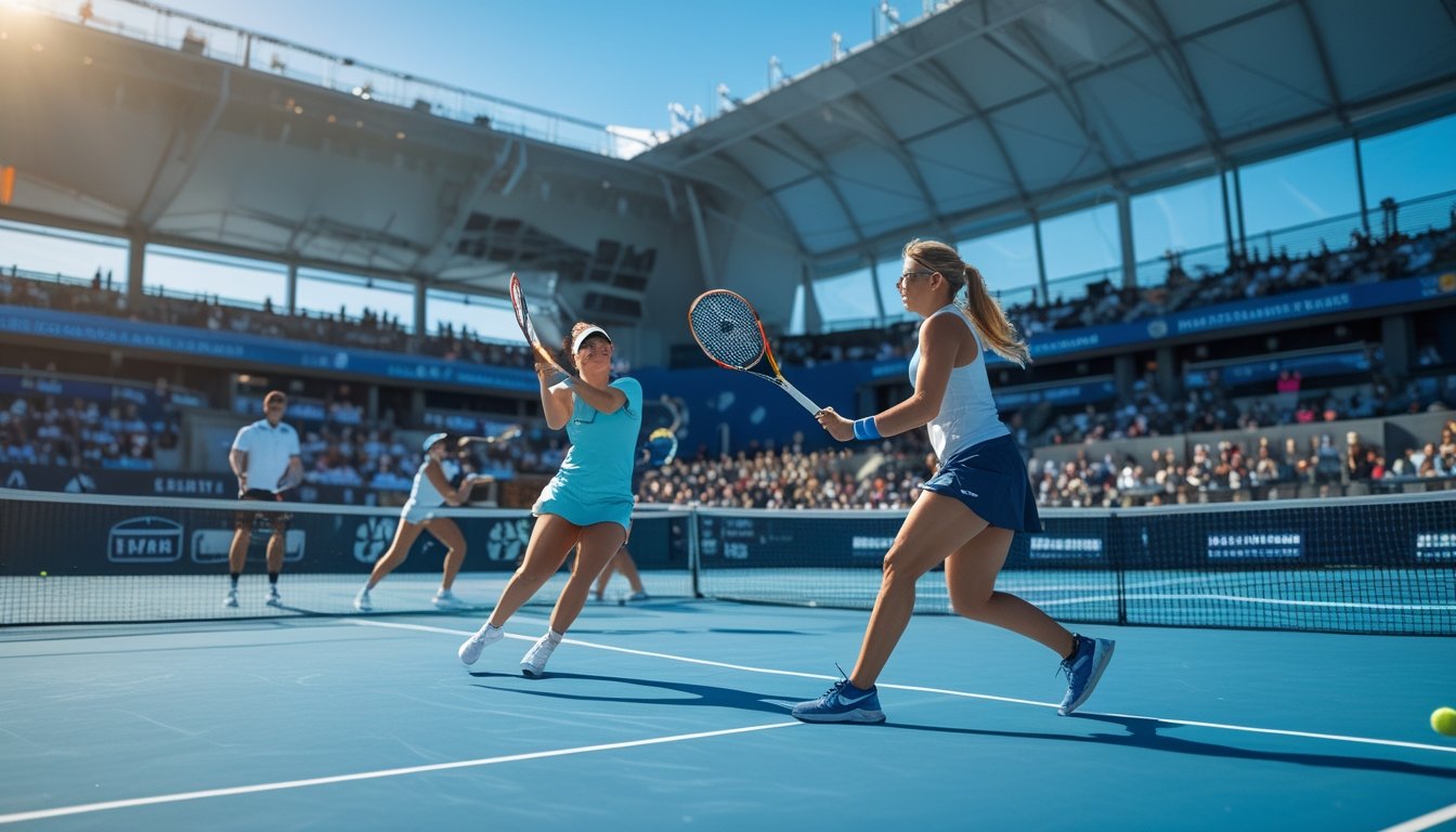 Sejumlah pemain tenis pria dan wanita sedang bertanding di lapangan tenis dengan penonton di latar belakang.