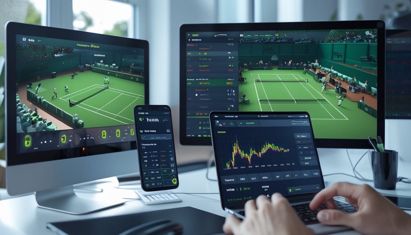 Seorang pengguna sedang melihat pertandingan tenis langsung di beberapa layar dengan perangkat elektronik di meja, menunjukkan aktivitas taruhan tenis online tanpa gangguan.