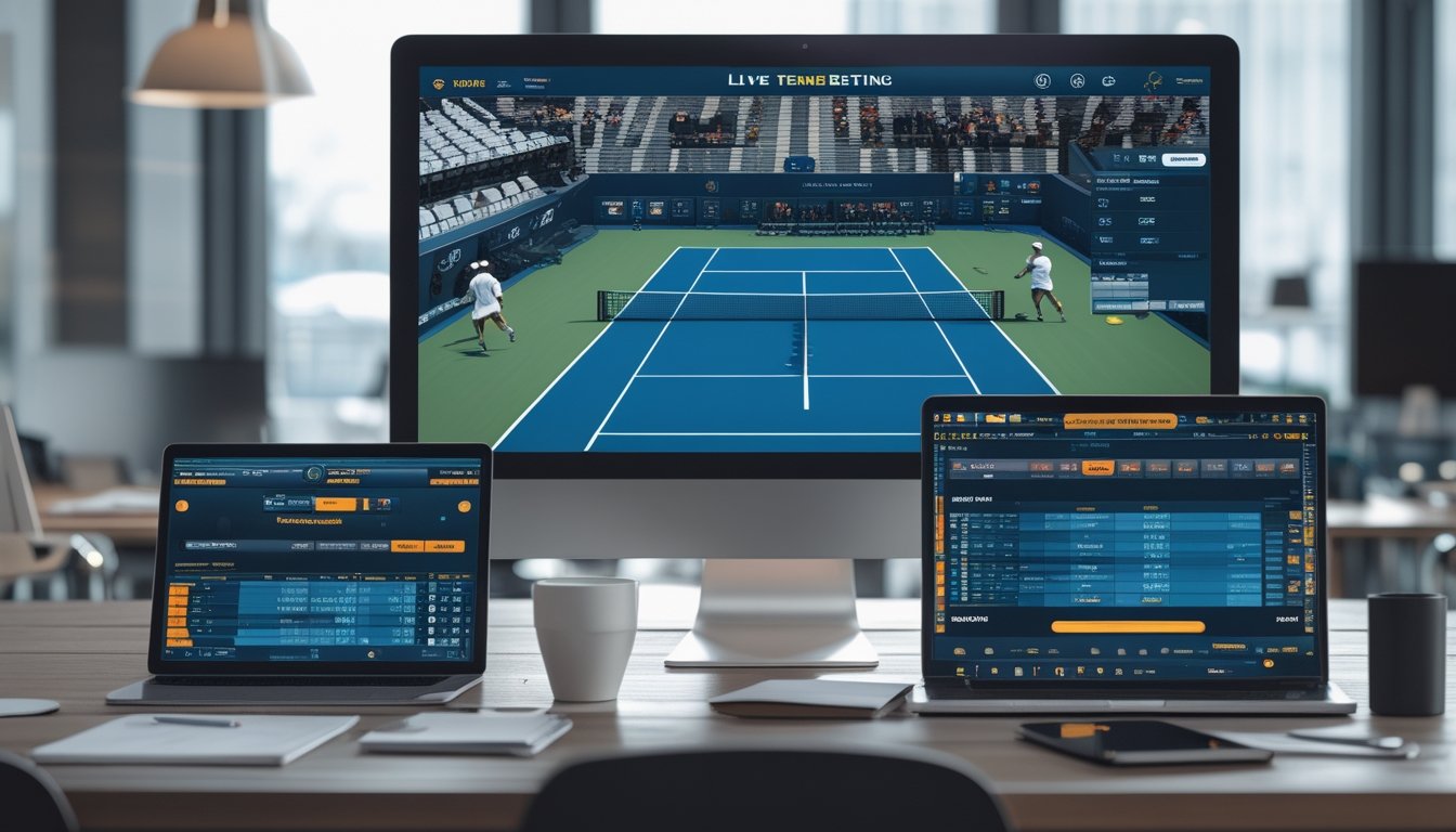 Seorang profesional sedang bekerja di meja dengan beberapa perangkat yang menampilkan pertandingan tenis langsung dan data taruhan.