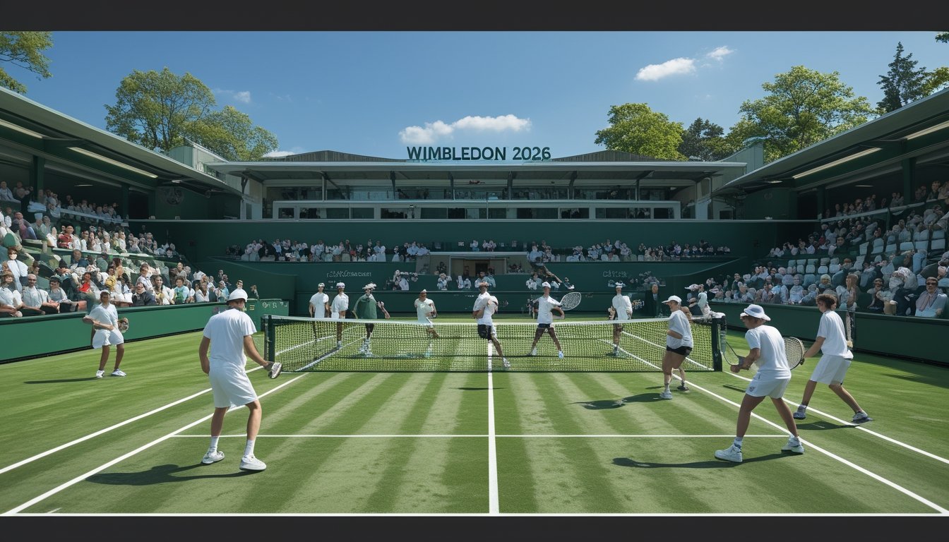 Beberapa pemain tenis dengan berbagai tingkat keahlian sedang bermain di lapangan rumput Wimbledon dengan penonton di tribun stadion.