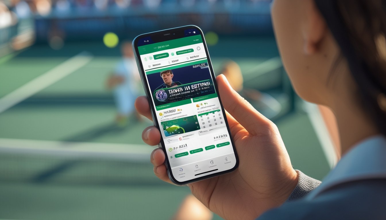 Seseorang memegang ponsel dengan aplikasi taruhan tenis terbuka, di latar belakang lapangan tenis dengan pemain yang sedang bertanding.