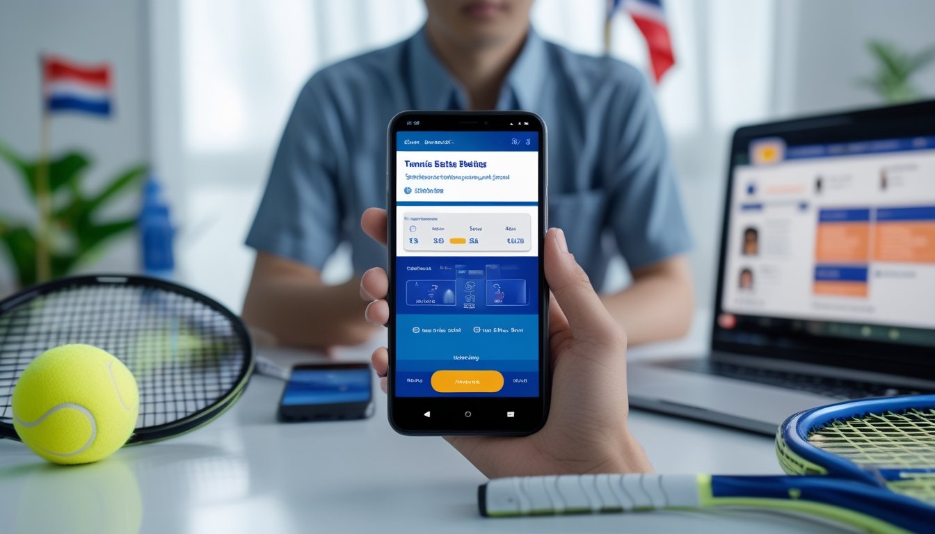 Seseorang memegang ponsel yang menampilkan aplikasi taruhan tenis dengan latar belakang perlengkapan tenis dan dekorasi Indonesia.