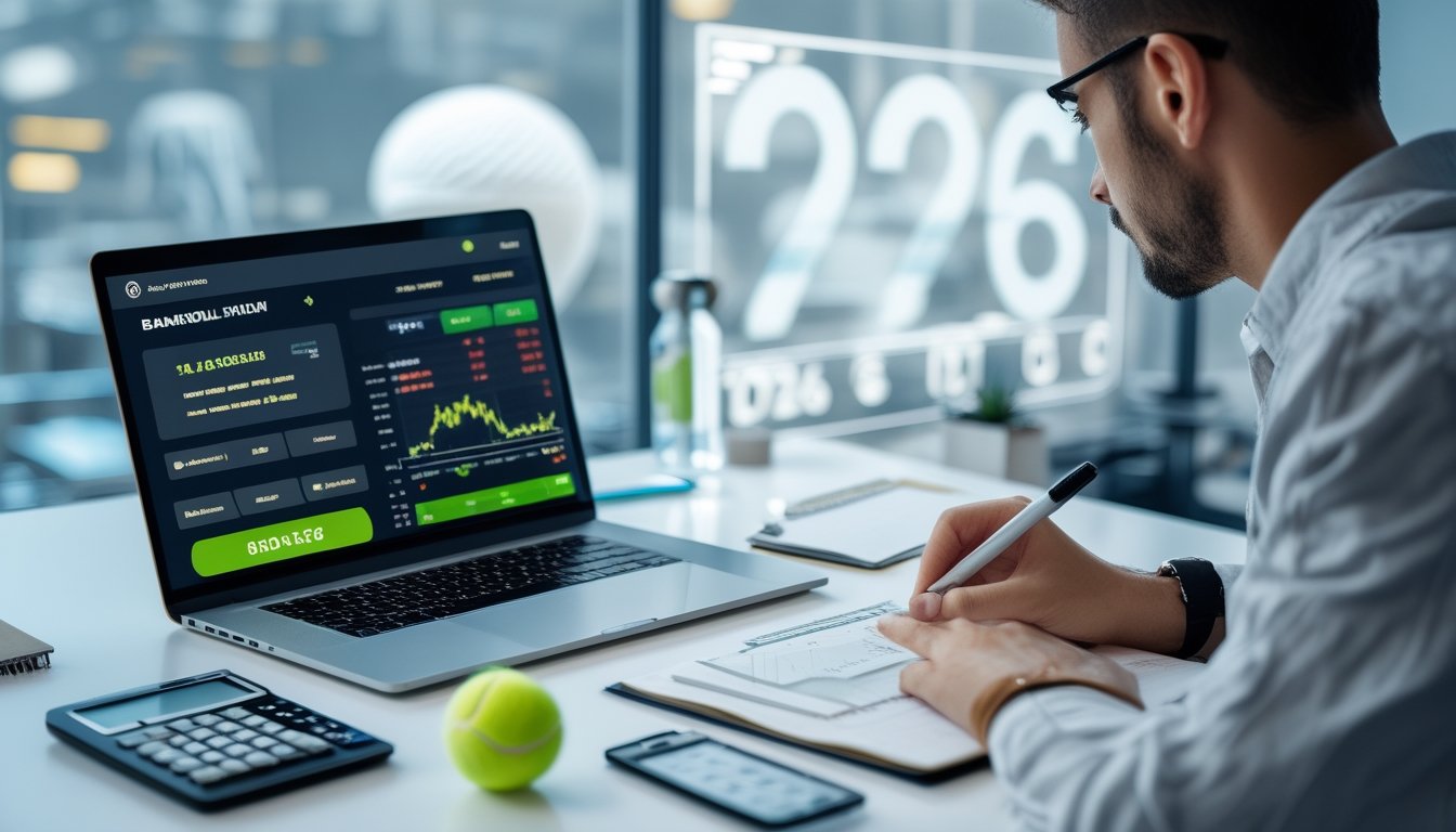 Seseorang sedang menganalisis data taruhan tenis online dengan laptop, kalkulator, dan alat tulis di meja kerja yang rapi, dengan bola dan raket tenis di sampingnya.