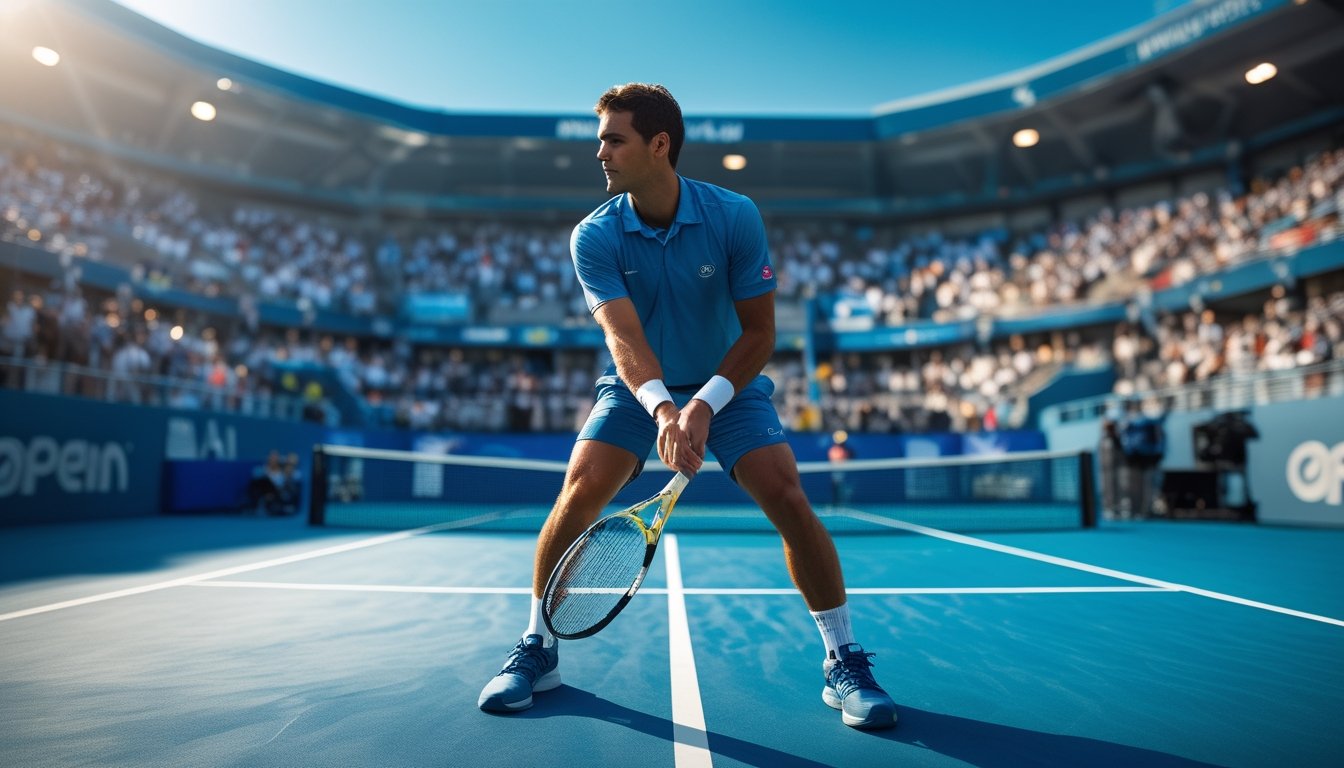Seorang pemain tenis pria sedang bersiap melakukan servis di lapangan tenis dengan penonton di latar belakang pada pertandingan Australian Open.