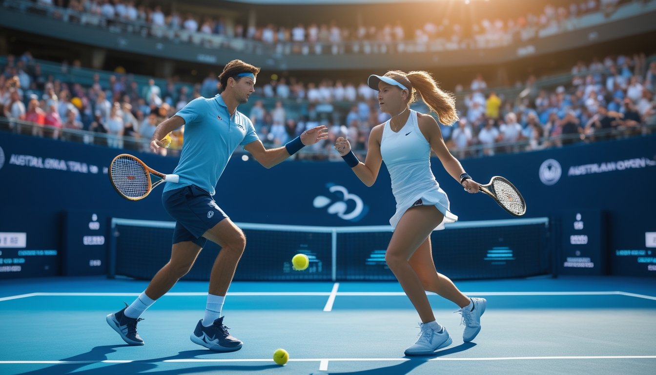 Dua pemain tenis sedang bertanding di lapangan Australia Open dengan penonton di latar belakang.