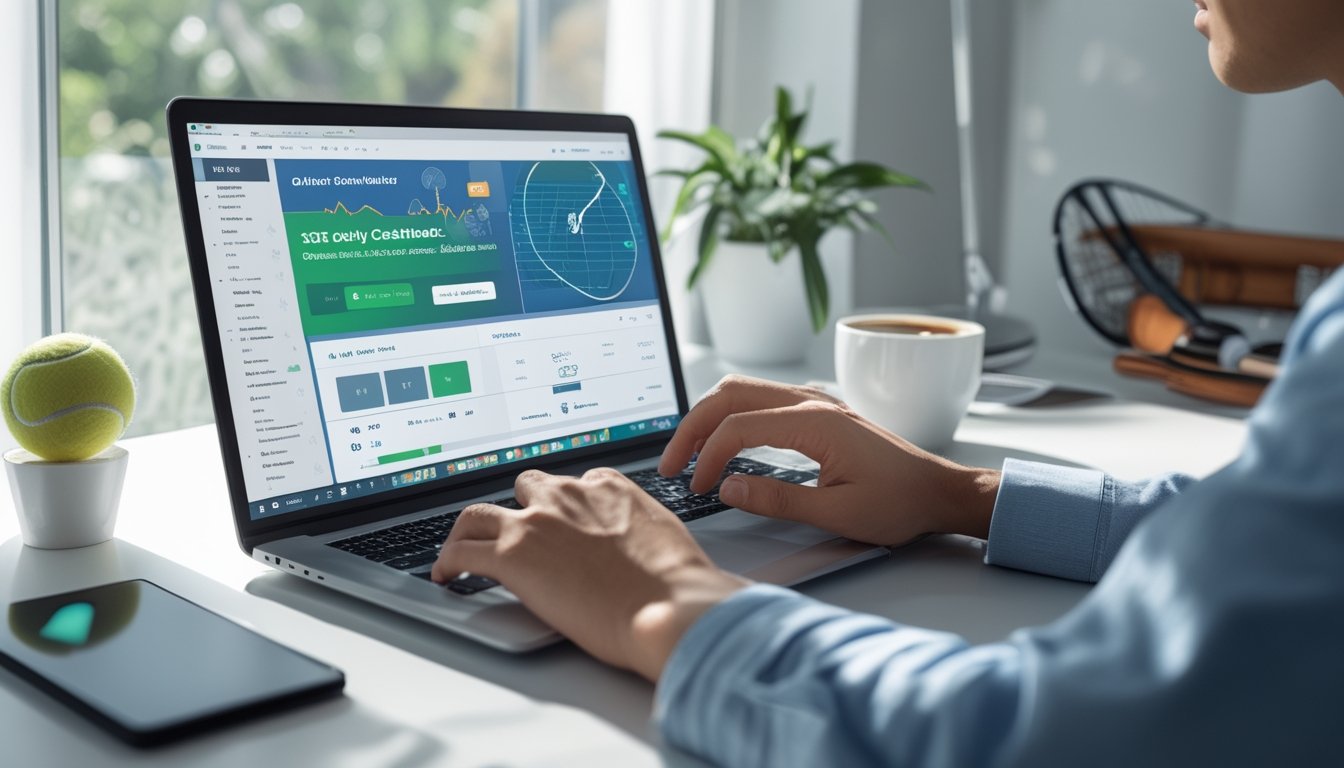 Seseorang menggunakan laptop di meja kerja dengan layar menampilkan situs taruhan tenis online, di sekitar meja terdapat bola tenis dan raket.
