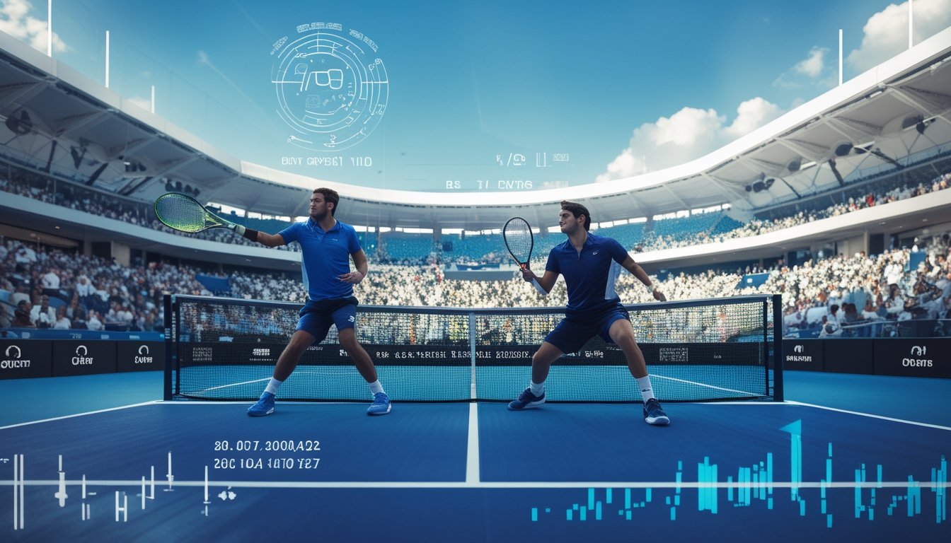 Dua pemain tenis sedang bertanding di lapangan dengan penonton di stadion besar, suasana cerah dan elemen grafik data taruhan tenis terlihat di latar depan.